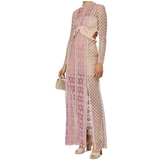 Self Portrait Payne Dress Maxi Floral Lace Cutout Long Sleeve Tan Pink Size 0 - Picture 1 of 13